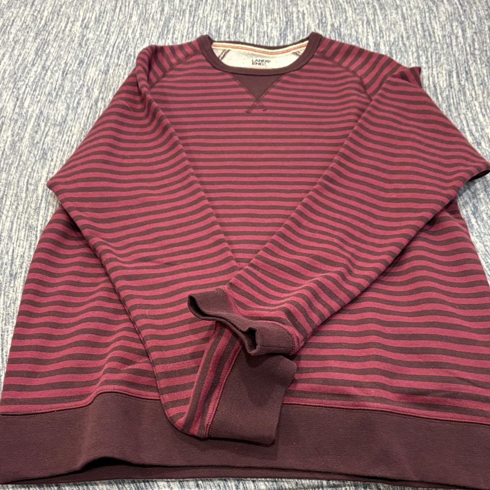 Lands' End Men's Maroon Striped Crewneck Sweater